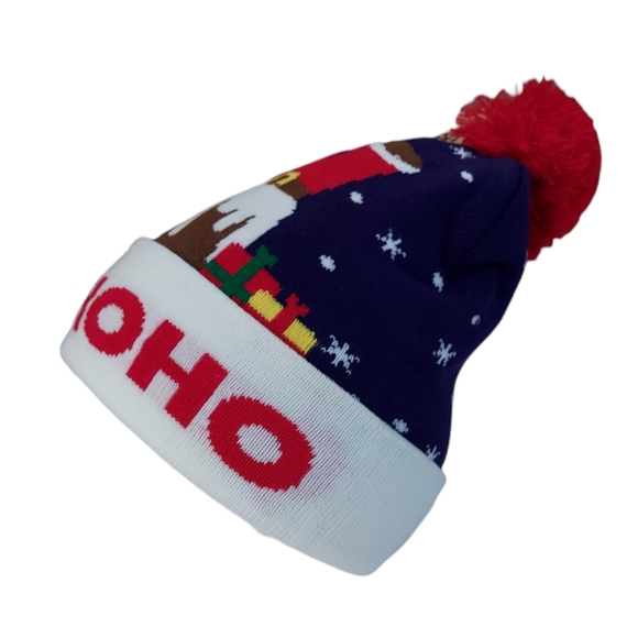 Christmas Beanie Hat Navy Blue Unisex Pom Winter Cap Knit New - Picture 1 of 11